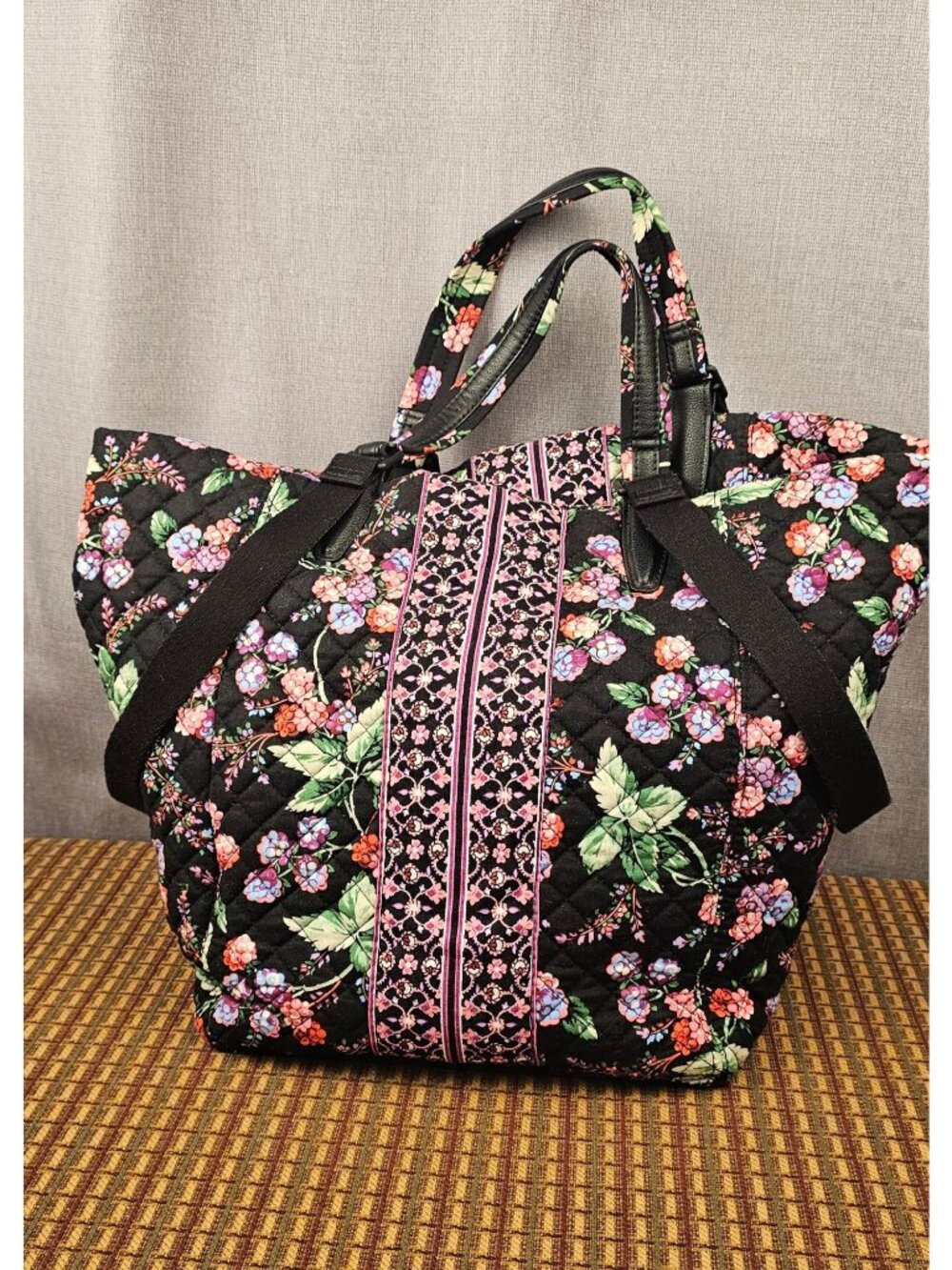 Vera Bradley Floral Quilted Tote Bag Black With Pink Accents Dual Handles Spacio